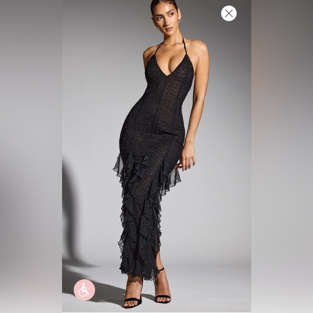 Oh Polly ANLEY
Embellished Halter Neck Ruffle Maxi Dress in Black